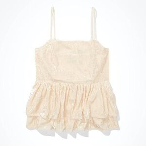 American Eagle Woman Cream Velvet Tiered Babydoll Top